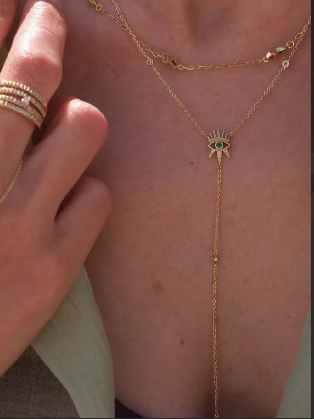Gold Evil Eye Lariat Necklace with Green Stone Rhodium Plated 14K Gold Tone